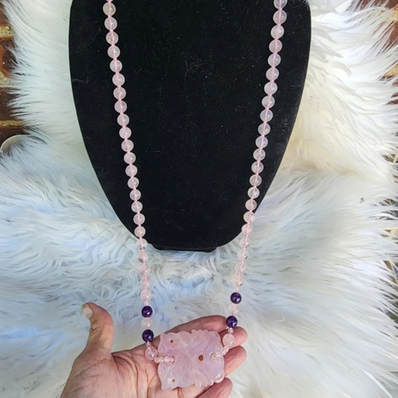 Vintage Chinese 14k Carved Amethyst Rose Quartz Necklace 34  Vintage Asian Rose Quartz Carved Dragon Pendant Amethyst Beads necklace‎
